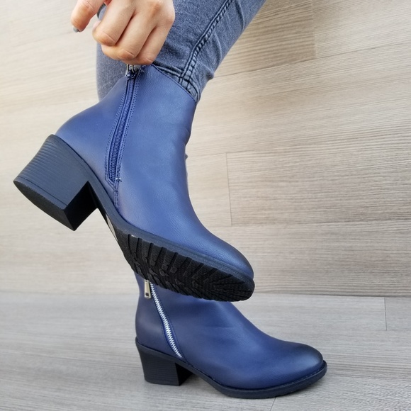 Navy Faux Leather Ankle Boots W/ Silver Zipper - Picture 2 of 7